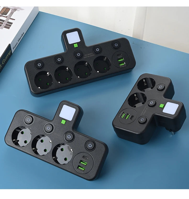 EU Plug Power Strip 4 AC Outlets 2 USB 1 Type-C Ports Two specifications Independent switch with small night light