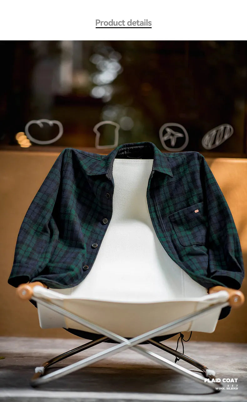 Maden American Retro Blue Green Plaid Wool Jacket Loose Thick Plaid Shirt Jacket Men's Coat Clothing Spring And Autumn