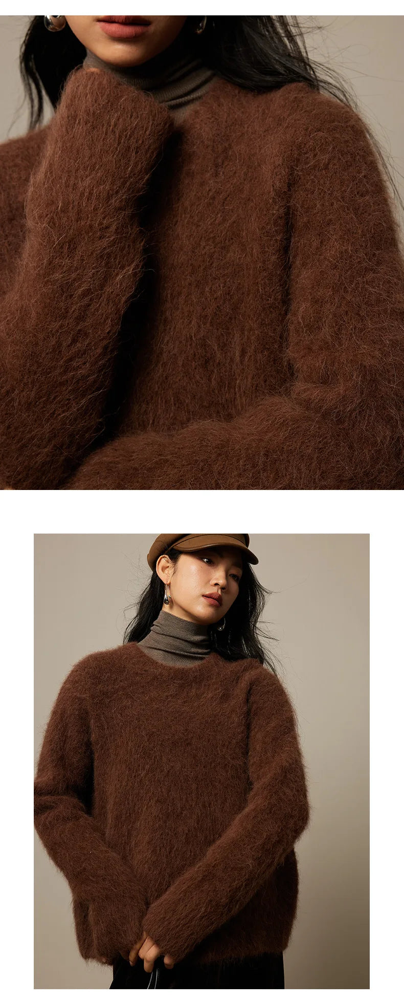 SuyaDream Warm Alpaca Pullovers for Woman, Dropped Sleeved Loose Sweaters, 2025 Fall Winter Top, Camel, Beige