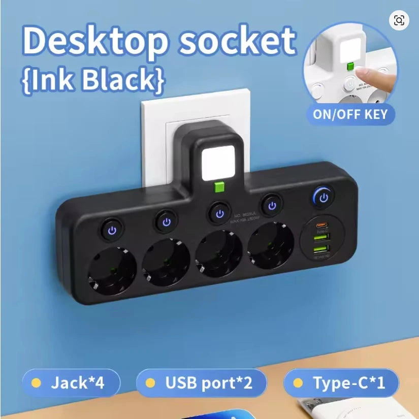 EU Plug Power Strip 4 AC Outlets 2 USB 1 Type-C Ports Two specifications Independent switch with small night light