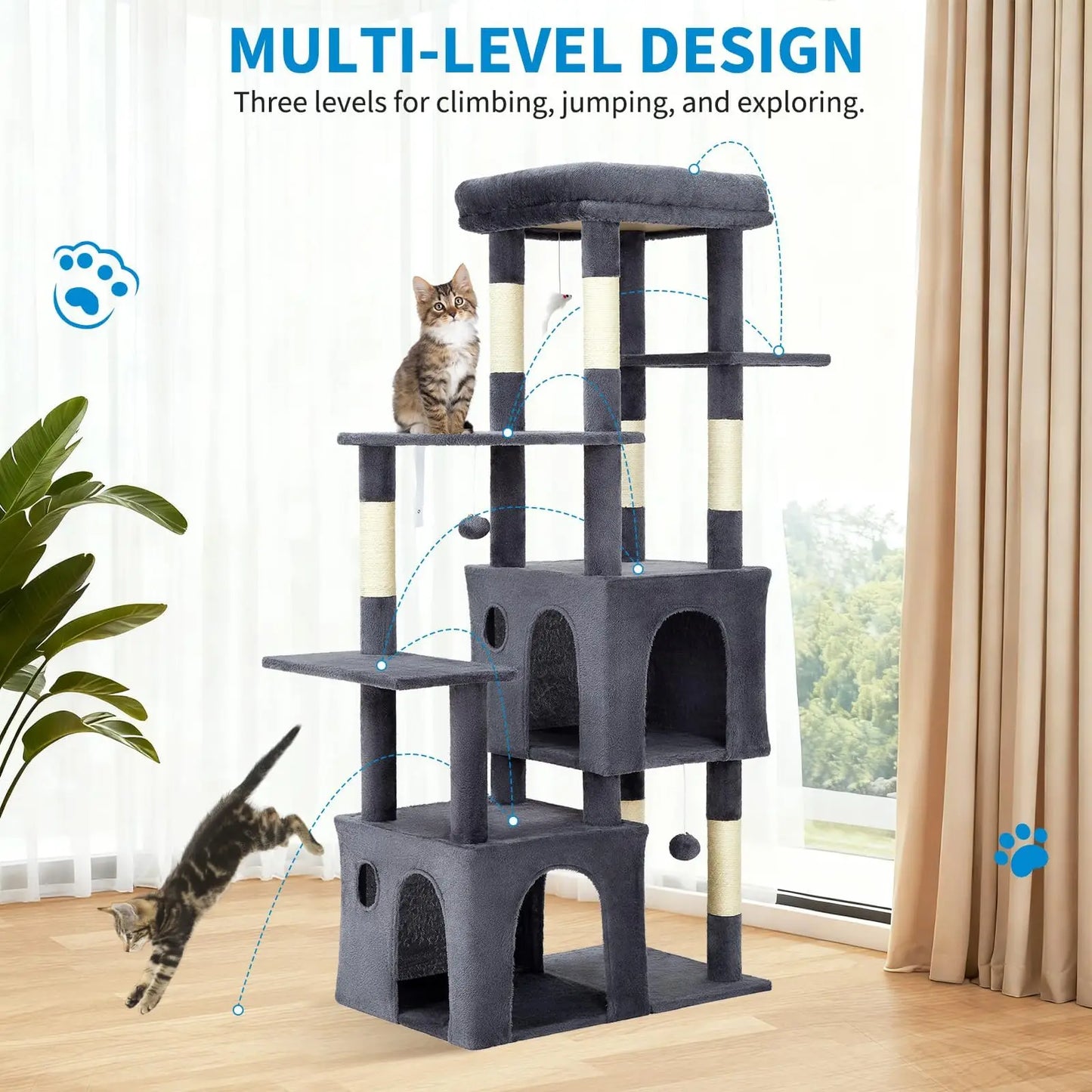 61" Heavy-Duty Multi-Level Cat Tree For Large Cats Oversized Perch & Dual Condos Natural Sisal Posts For Maine Coon