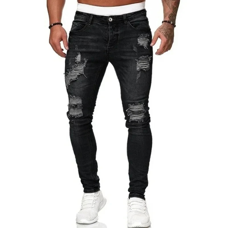 Men's Ripped Skinny Jeans Denim Vintage Wash Slim Fit