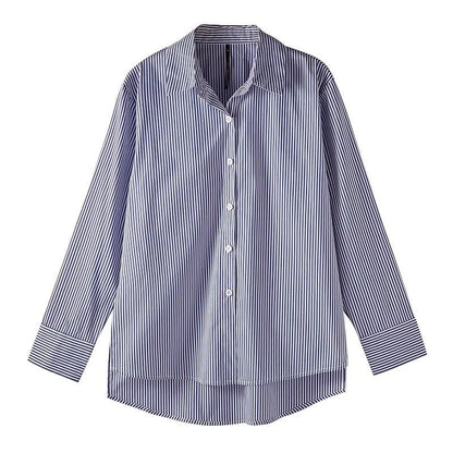Striped Women's Blouse With Lantern Sleeves And Stand Collar Polyester
