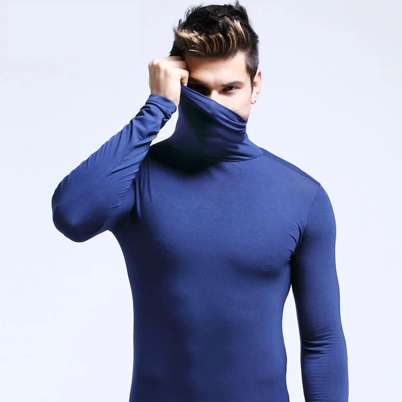 New Men Fashion T Shirt Tees Slim Tops Male Stretch T-shirt Turtleneck Long Sleeve Tee Shirts High Collar Men's Tees