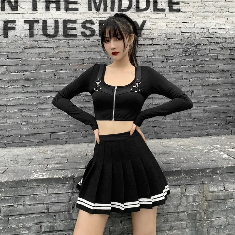 Fashion Korean Style Patchwork Skirt Harajuku Black Pleated Skirts Gothic Streetwear High Waist Mini Skirt Women Punk Skirt