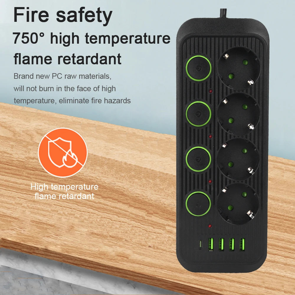 EU Plug Power Strip With USB Ports 2m Extension Cable Surge Protector