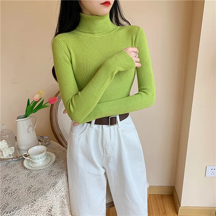 2025 Autumn Winter Women Long Sleeve Knitted Foldover Turtleneck Ribbed Pull Sweater Soft Warm Femme Jumper Pullover Clothes
