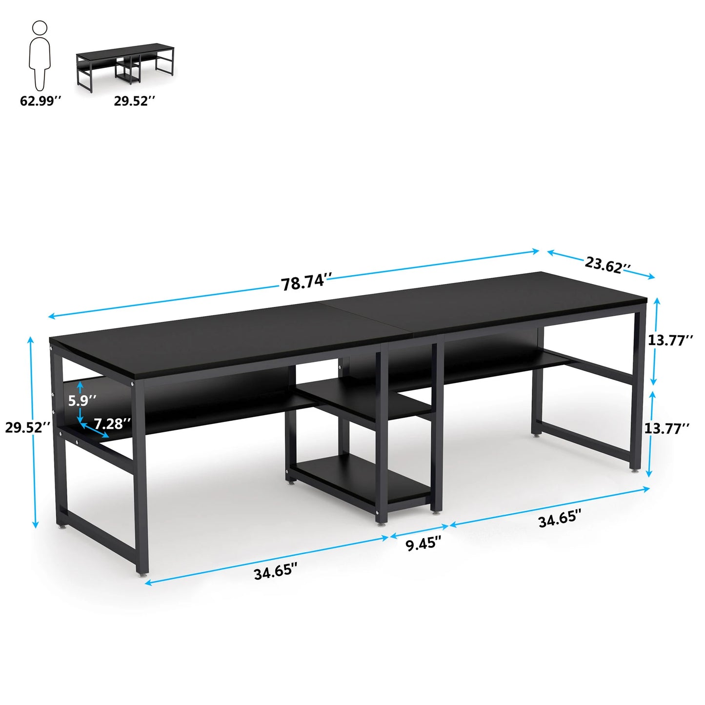 Tribesigns Two Person Desk with Bookshelf, 78.7 Computer Office Double Desk for Two Person, Rustic Writing Desk Workstation
