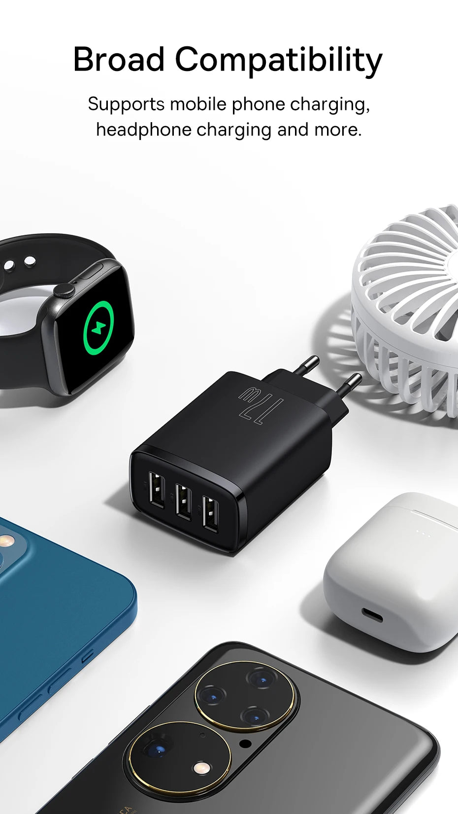 Baseus 17W USB Charger 3 USB Fast Charging Charger For iPhone Xiaomi Mobile Phone Portable Multiple Port Wall Charger EU Adapter