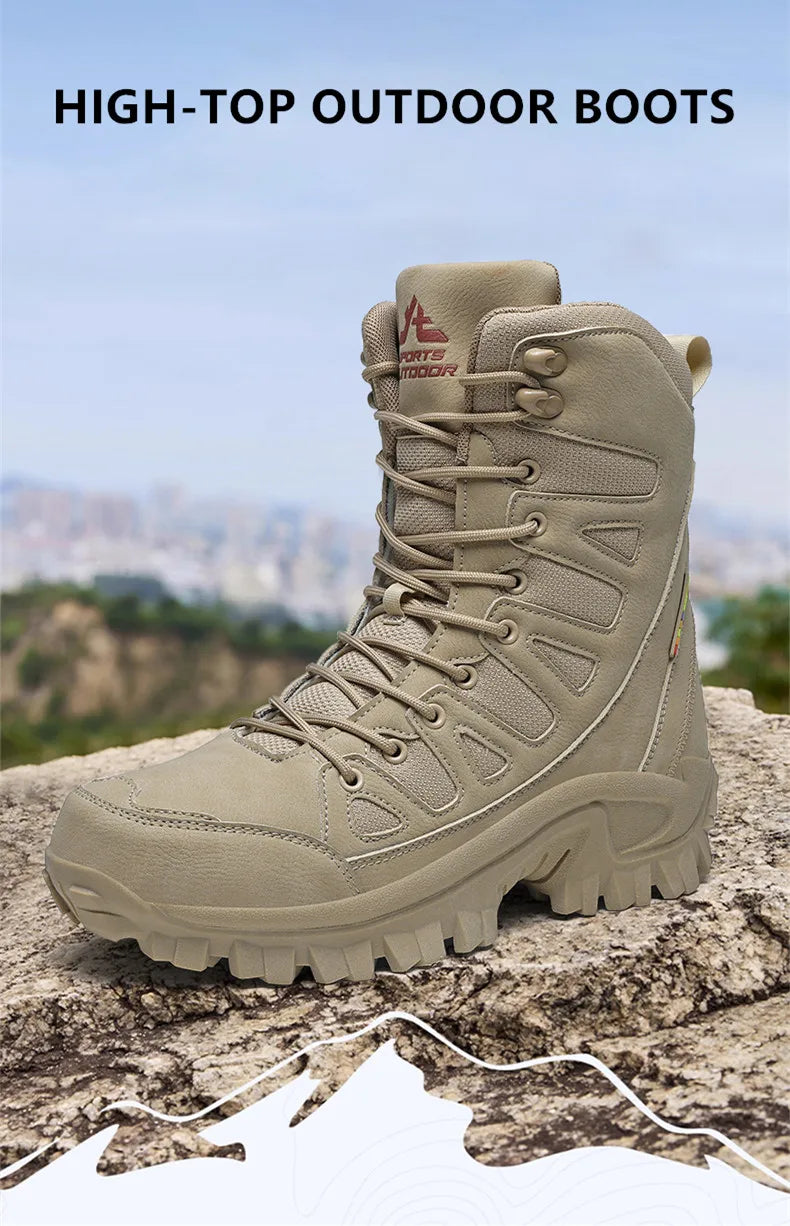 High-Top Leather Men's Boots Breathable Desert Combat Boots Outdoor Non-slip Hiking Boots Men Motorcycle Boots Work Ankle Boots