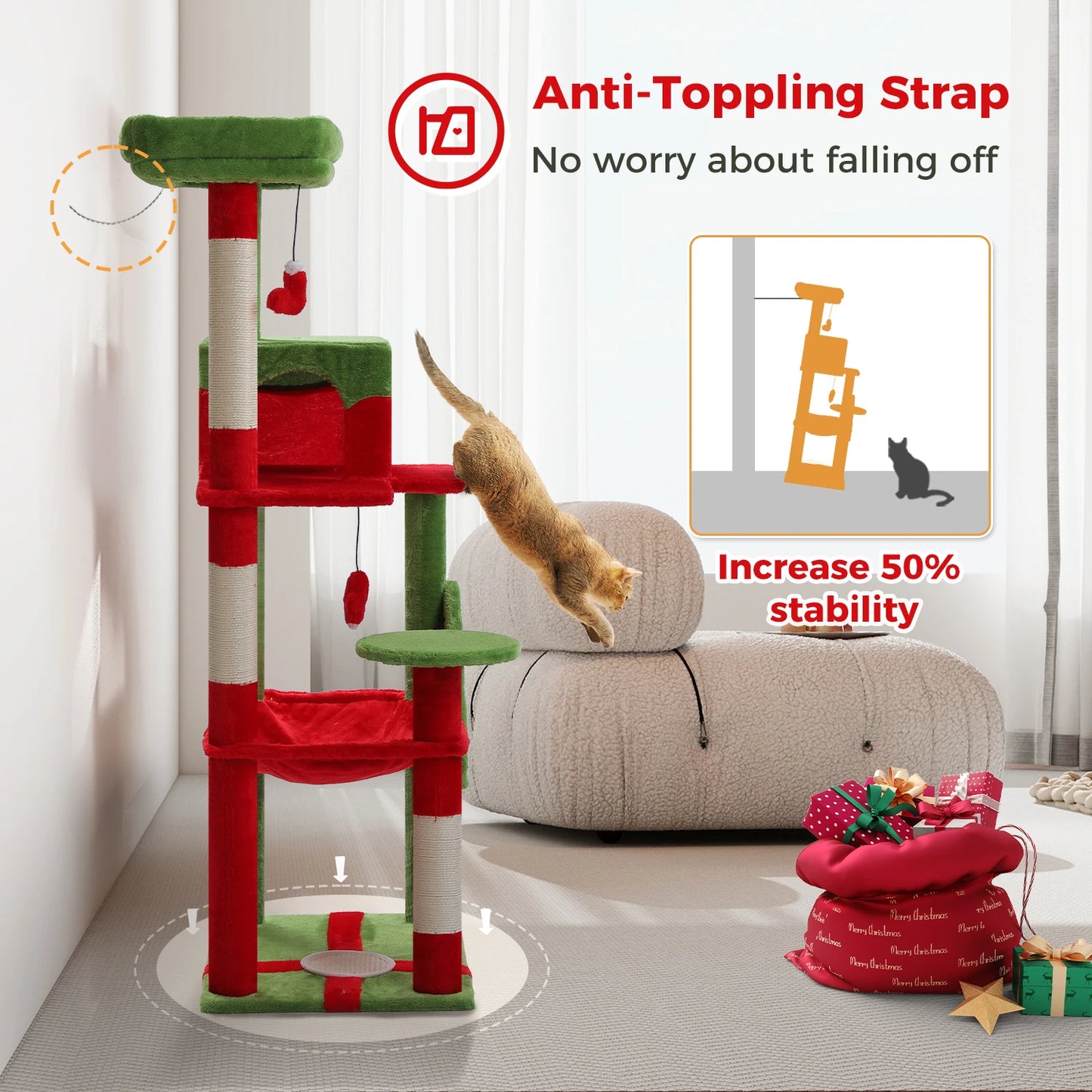 Cat Tree for Indoor Cats 5-Level Cat Tower for Large Cats with Large Hammock Sisal Covered Scratching Posts Cozy Condo Top Perch