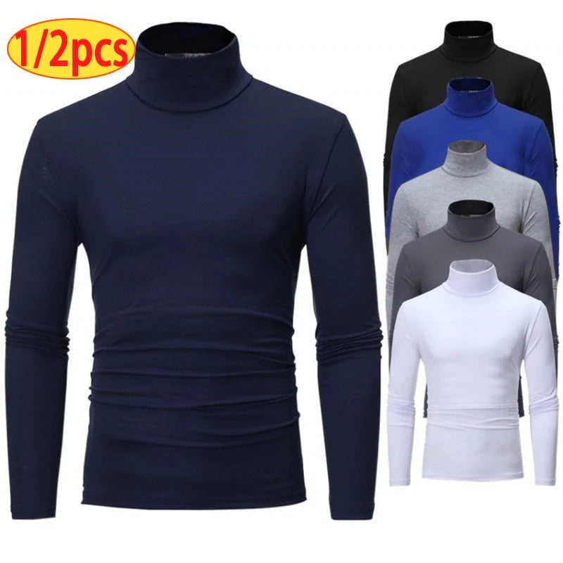 1/2pcs Autumn  Winter Men's High Neck T-shirt Slim Fit Fashion High Elastic Long Sleeve Casual Breathable Apparel Pullover