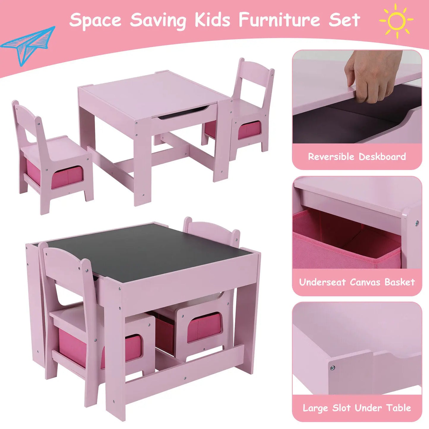 Kids Table and 2 Chairs Set W/ Storage Drawer Wooden Activity Table For Toddlers Detachable for Children Drawing Reading