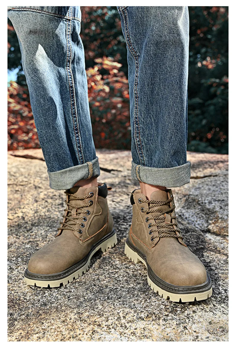 Leather Men Work Boots Mid Calf Ankle High Top Non Slip