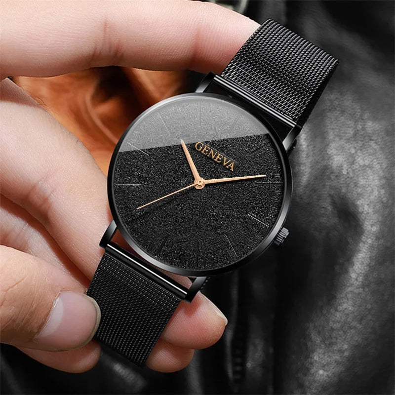 Men’s Stylish Leather Watch & Bracelet Set