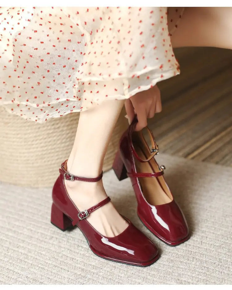Leather Mary Jane Pumps Buckle Strap Shallow Square Toe High Heel Women