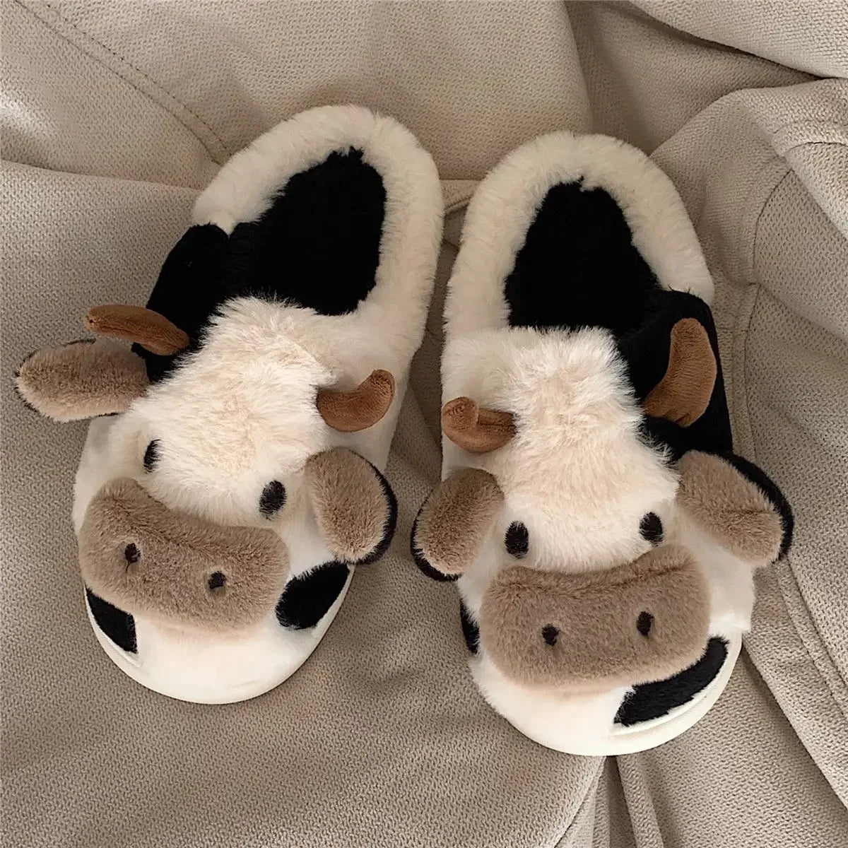 Cartoon Cow Plush Slippers For Women Winter Indoor Non-Slip Rubber Sole