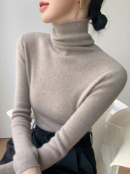 Women's Turtleneck Knit Pullover Sweater, Slim Fit, Long Sleeve, Solid