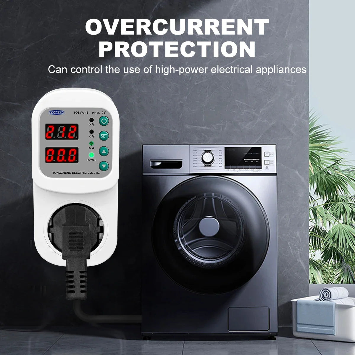 TOMZN Automatic Voltage Current Protector Socket AC110V 220V Adjustable 1-16A Power Surge Protector EU Plug Socket TOSVA-16