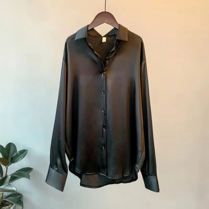 Spring Fashion Button Up Satin Silk Shirt Vintage Blouse Women White Tops Lady Long Sleeves Female Loose Street Shirts 11355