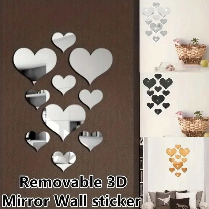 3D Love Hearts Mirror Wall Sticker Decal Removable Wall Art 1 Set