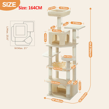 Cat Tree Tower With Five Levels, Wood Frame, Plush Fabric, Sisal