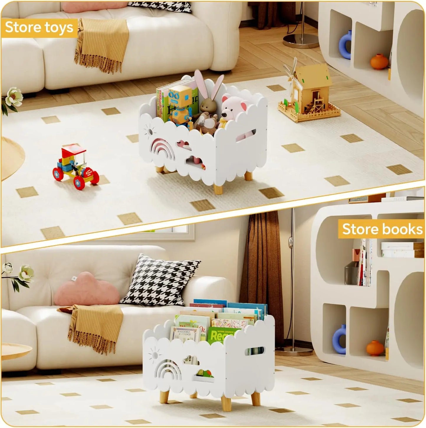 Kids Wooden Bookshelf with Adjustable Dividers, Montessori Style for Room & Classroom Storage