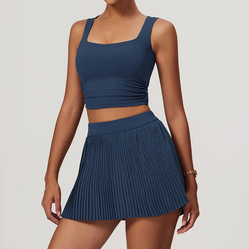 VITALINOVO Tennis Dress for Women 2 Pieces High Waisted Pleated Skirt Sets Racerback Padded Workout Crop Tank Tops Golf Workout