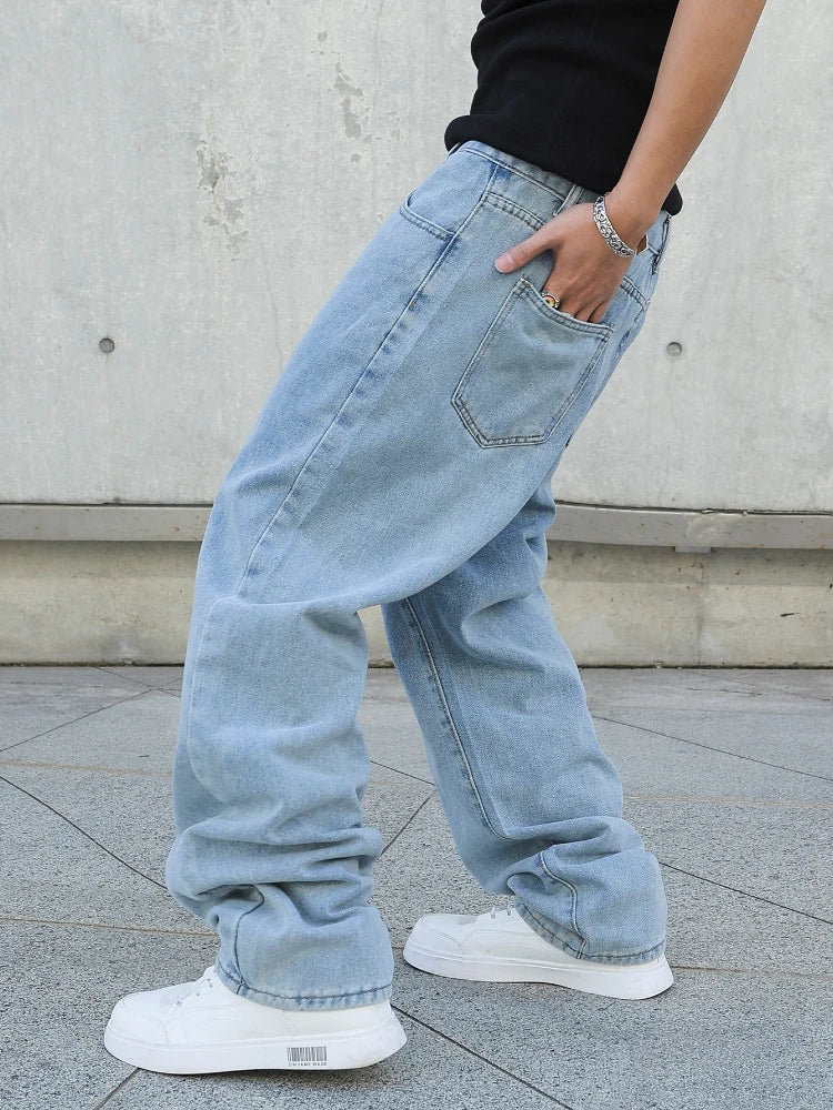Men's Baggy Denim Jeans Loose Straight Wide Leg Trousers Solid Color