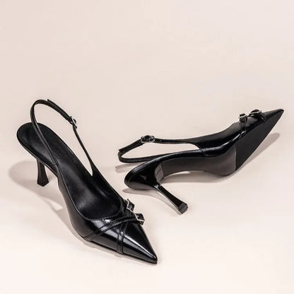 Women Black Pointed Toe Stiletto High Heel Shoes Back Strap Buckle Decor