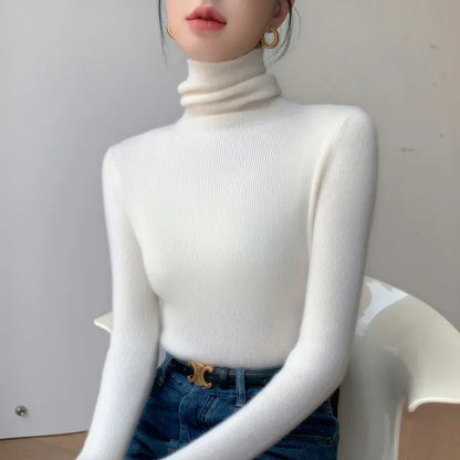 Women's Turtleneck Knit Pullover Sweater, Slim Fit, Long Sleeve, Solid