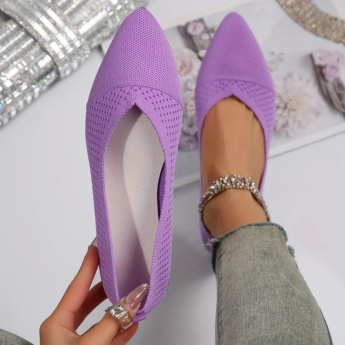 Women's Pointed Toe Flat Shoes Solid Color Knitted Slip on Ladies Shoes Casual Breathable Ballet Women Flat Shoes Loafers Women