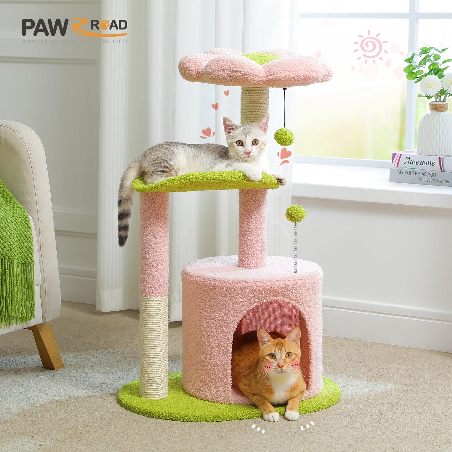 Flower Cat Tree with Natural Sisal Scratching Post, Cozy Cat Condo, Top Perch, Small Cat Tower for Small Indoor Cats, Pet Toys