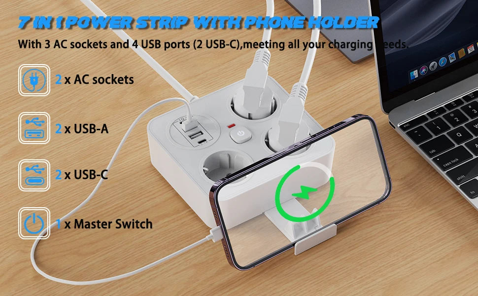 European plug extension cord power strip with 3AC+2USB-A+2USB-C with switch multi-contact socket 13A 250V 3250W surge protector