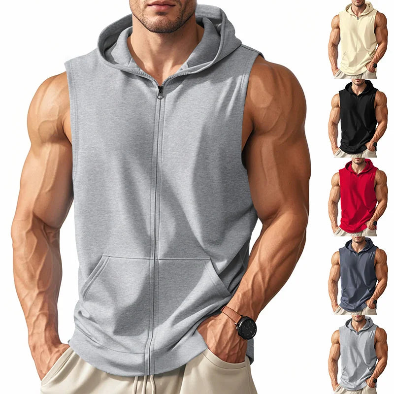 Summer Men's Hooded Zipper Tank Tops Casual Fitness Sports Vest Fashion Zipper Sleeveless Cardigan Tees Tops Male running Vest