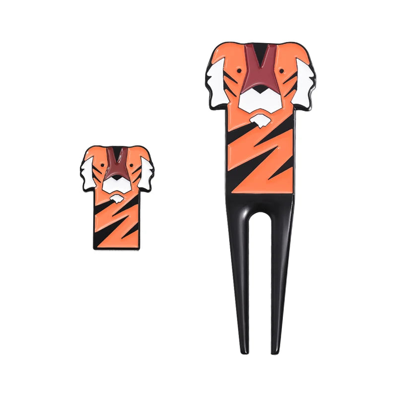 Tiger Divot Repair Tool Cartoon Small Tiger Ball Golf Fork Metal Golf Divot Accessories with Golf Ball Marker Golf Accessory