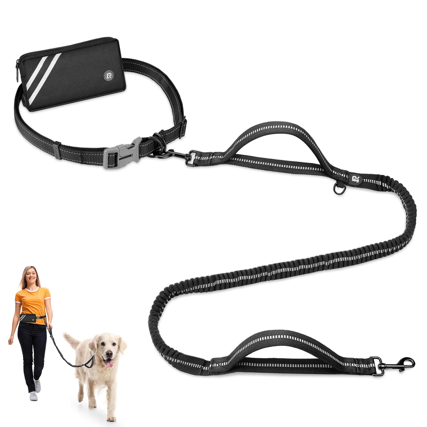 Hands Free Dog Leash with Zipper Pouch, Dual Padded Handles and Durable Bungee for Walking, Jogging and Running Your Dog