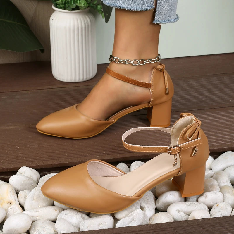 Thin Strap Pump With Bowknot Buckle, Pointed Toe, Square Heel