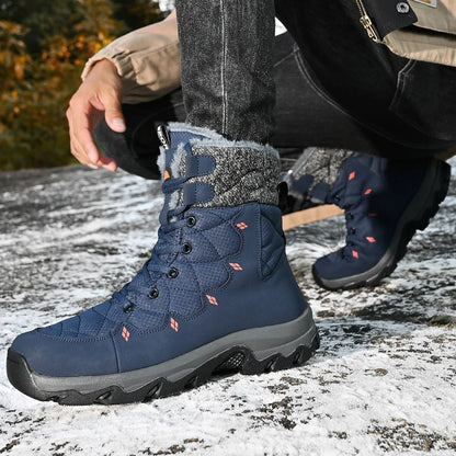Men's Winter Snow Boots Leather Waterproof Mid-Calf Plush Lining Lace-Up