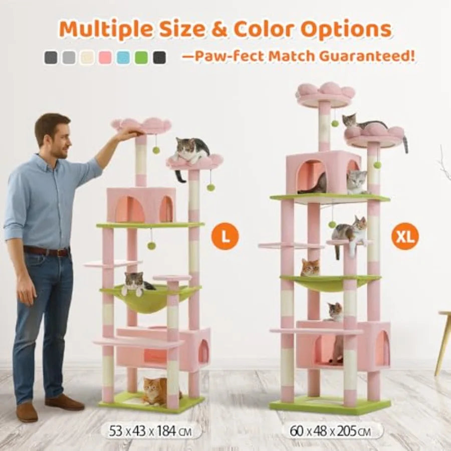 Flower Cat Tree for Large Cats 81 Inches Pink Tall Cat Tower with 2 Perches 2 Condos and Spacious Hammock XL Extra Large Condo