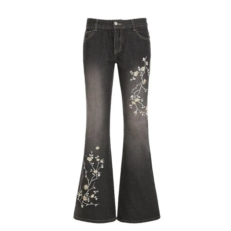 Floral Embroidery Jeans Vintage 2000s Low Rise Flared Jeans Women Retro Y2k Baggy Denim Pants High Street Basic Trousers