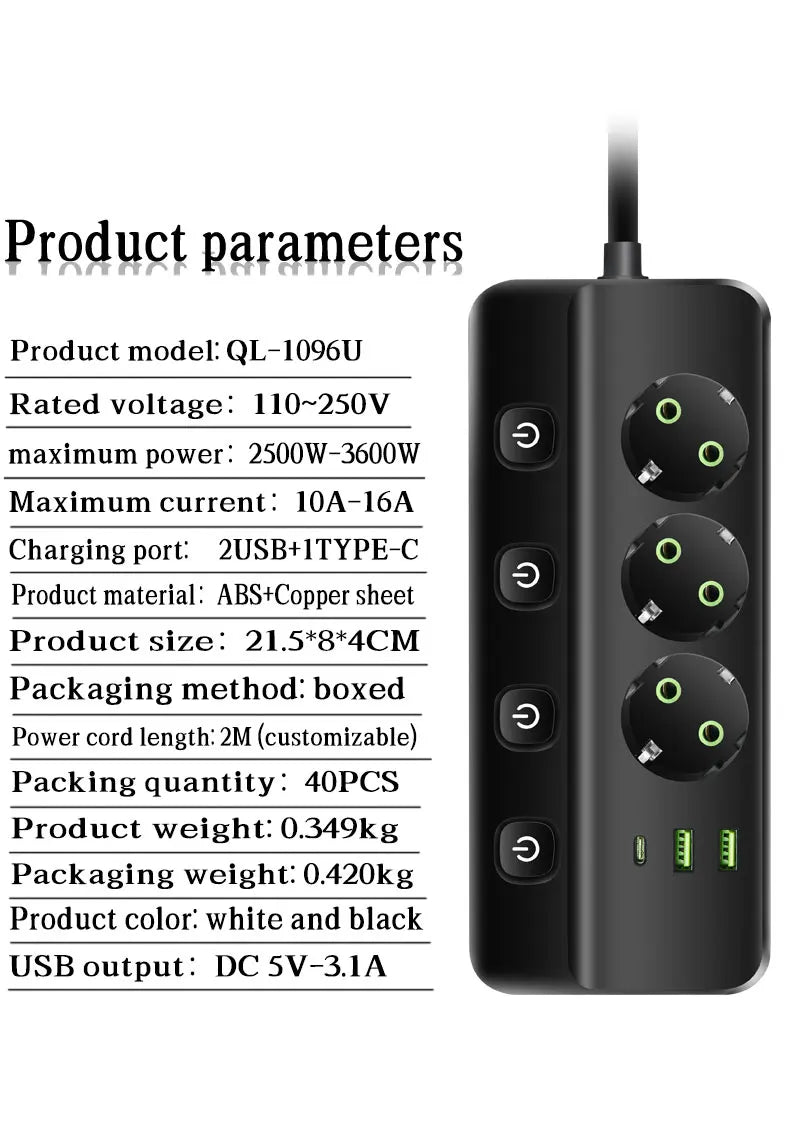 EU Plug Electrical Socket with 3/5 AC Outlets 2 USB Ports + 1 Type C 6/8-in-1 Plug Socket Adapter 2M Power Strip for Home Office
