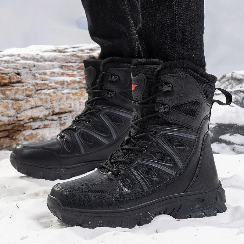 Men's Waterproof Leather Snow Boots Mid-Calf Lace-Up With Plush Lining