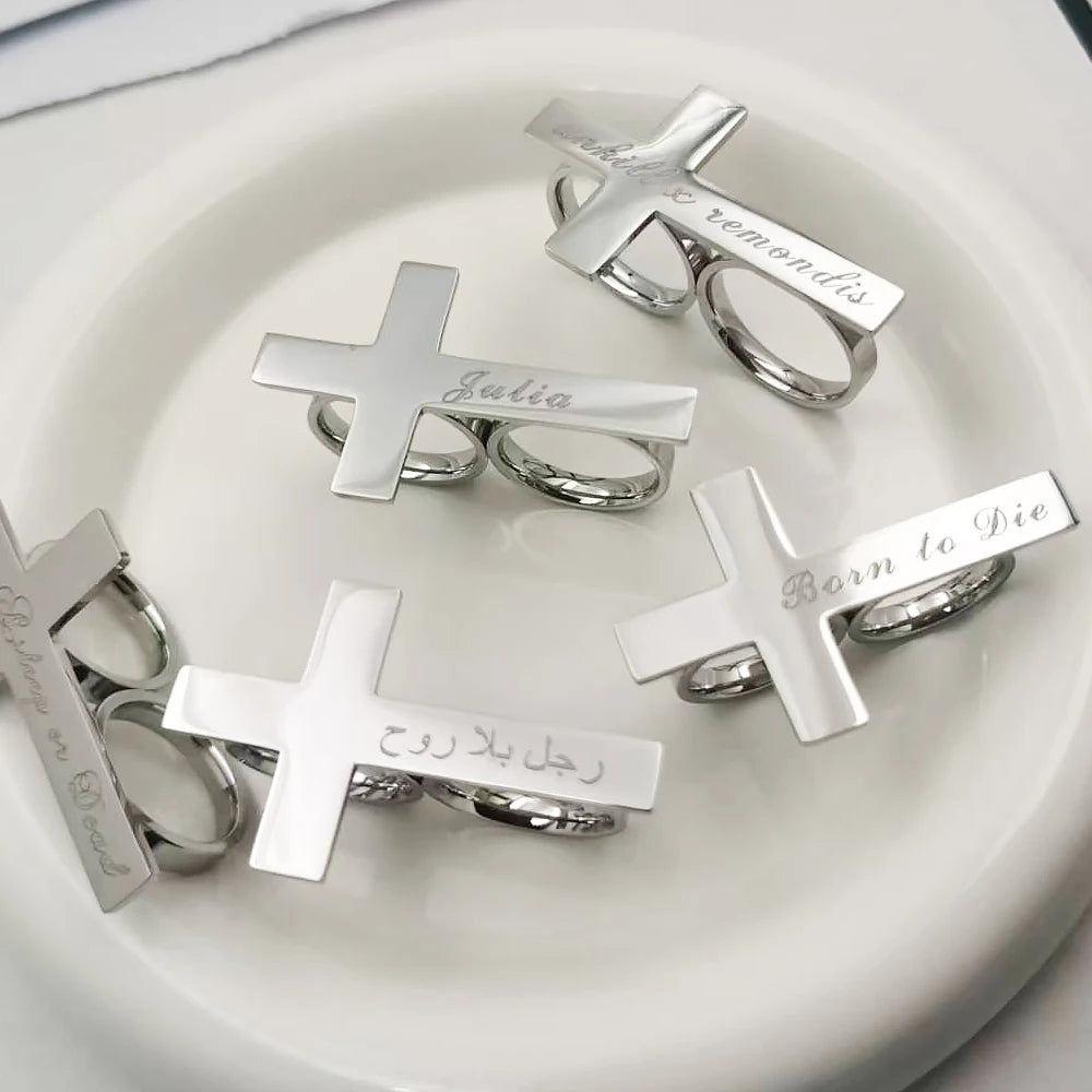 Custom Engraved Silver Two-Finger Ring – Stainless Steel Gift for Boyfriend