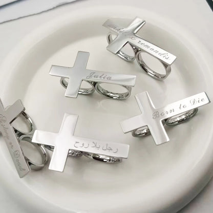 Custom Engraved Silver Two-Finger Ring – Stainless Steel Gift for Boyfriend