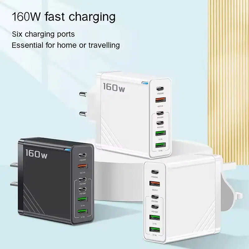 160W 6 Ports Fast Charger USB Type C Quick Mobile Phone Charger EU US UK Plug Charger Adapter For iPhone 16 Pro Samsung Xiaomo
