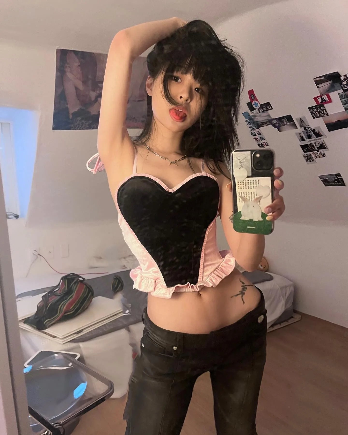 Karrram Vintage Distressed Low Waist Jeans Grunge Asymmetrical Waist Denim Pant Korean Fashion Black Flare Jeans Kpop Streetwear