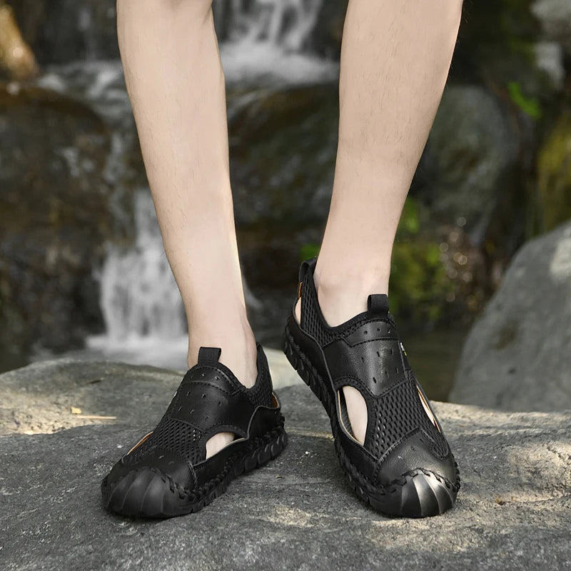 Men's Breathable Leather and Mesh Sandals with Elastic Band