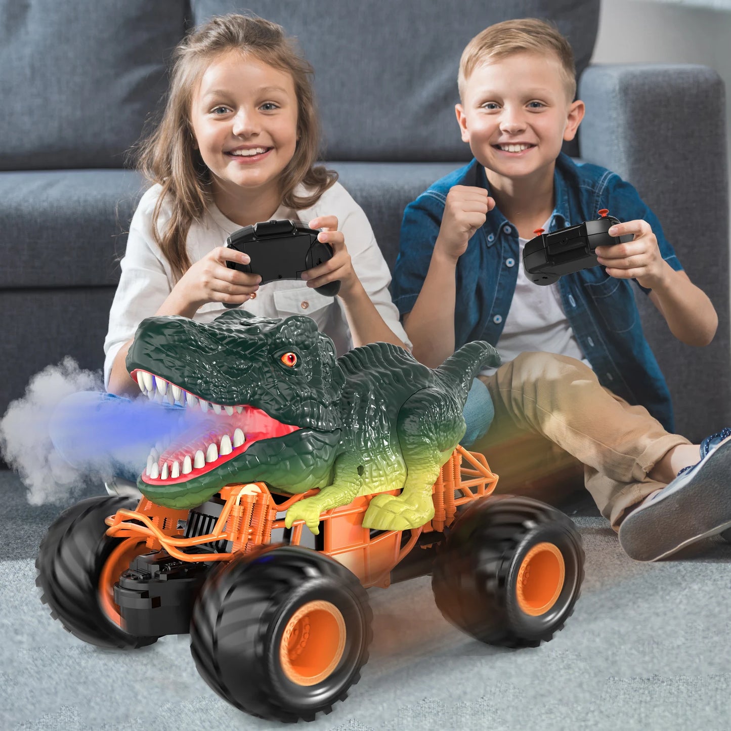 Remote Control Dinosaur Cars 2.4Ghz Rc Velociraptor Shaped Truck For 3-8 Kids Electric Car Toys Outdoor With Light & Sound Spray