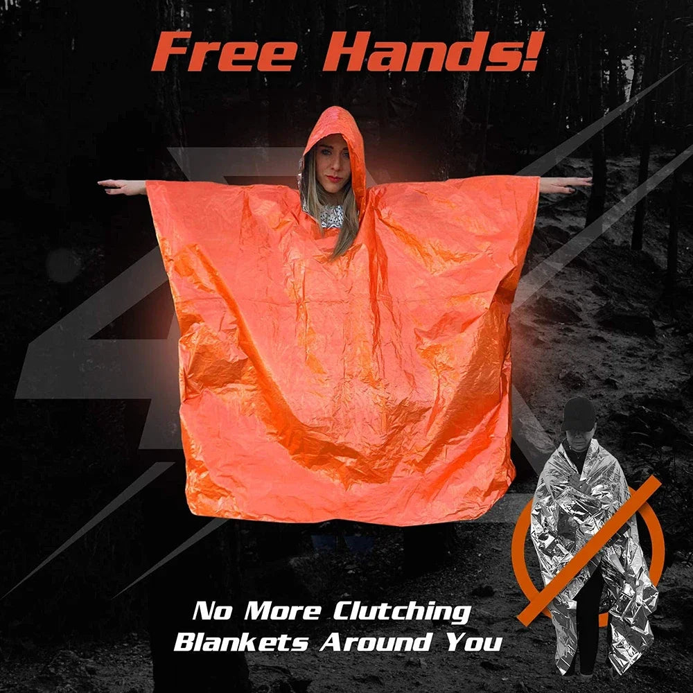 Emergency Rain Poncho With Thermal Blanket Waterproof 100x130cm Orange and Green